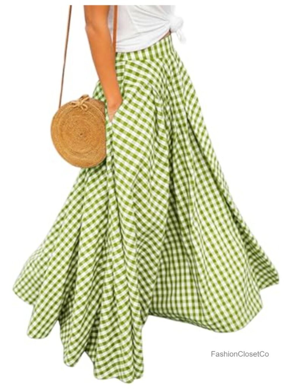 Women's Gingham Plaid Maxi Skirt High Waist A-Line Pleated Long Skirt